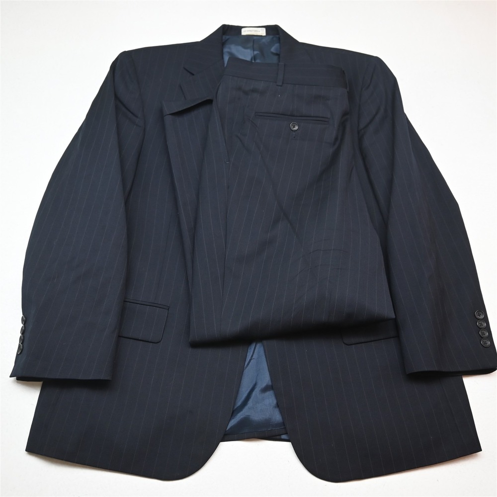 Geoffrey Beene 46R 36x29 Navy Blue Striped 100% Wool Mens Jacket Pants Suit